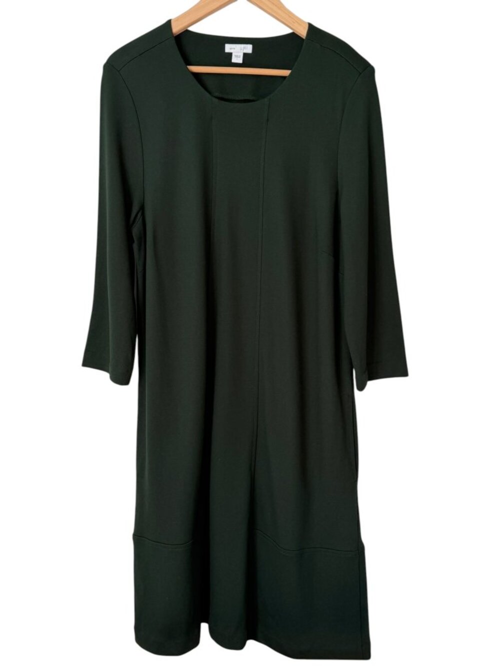 J.Jill Ponte Knit 3/4 Sleeve Shift Dress Pockets A-Line Stretchy Forest Green L